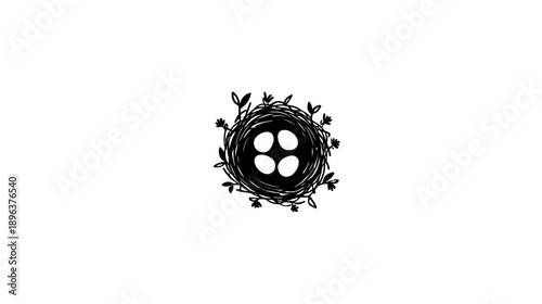 Monochrome vector illustration of a bird's nest with four eggs, symbolizing new life, family, nature, and growth.