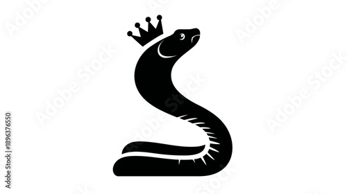 Stylized black silhouette of a royal serpent wearing a crown, elegantly coiled, an emblem of power and mystery.