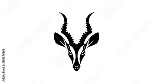Elegant black silhouette of an antelope or gazelle head with majestic curved horns, minimalist wildlife vector art