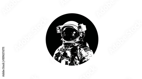 Monochrome vector graphic of an astronaut in a full spacesuit and helmet, isolated in a black circular frame, symbolizing space exploration and science.