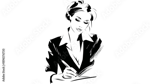 Elegant black and white fashion illustration of a focused woman writing notes, planning, or working professionally