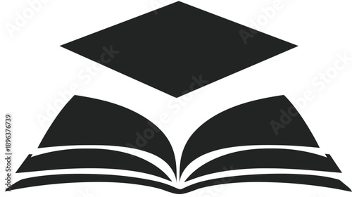 Black and white icon of an open book with a graduation cap, symbolizing education, knowledge, learning, study, and academic success.