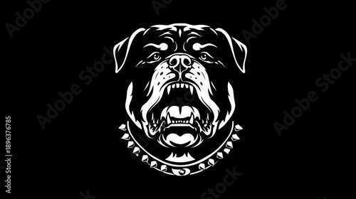 Menacing Dog Head Vector Art, Black and White Graphic of a Strong Canine with Spiked Collar and Open Mouth