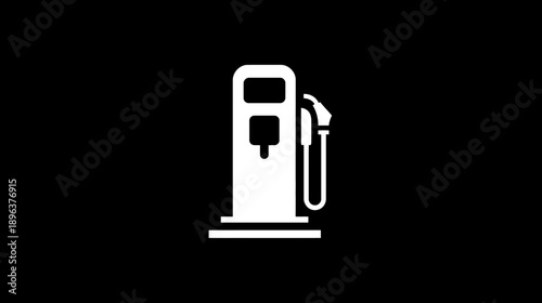 Fuel pump icon. White pictogram of a gas station dispenser with a nozzle on a black background. Energy, vehicle, and transport concept.