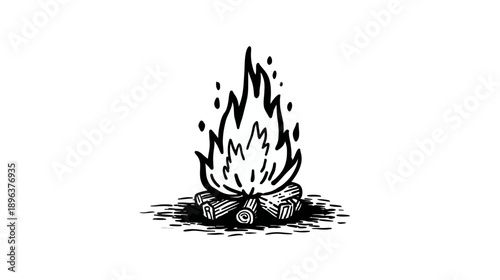 Hand-drawn burning campfire illustration with wooden logs and flickering flames. Outdoor fire icon for camping, warmth, and adventure.