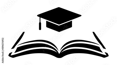Graduation cap and open book symbol for education, learning, knowledge, and academic achievement. University degree concept.