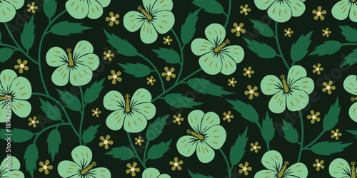 Green Hibiscus pattern. Tropical botanical Seamless pattern. motif exotic hibiscus design. Hawaii shirt, summer design.Beautiful sage green floral, floral lush patterns. hibiscus flower. green fashion