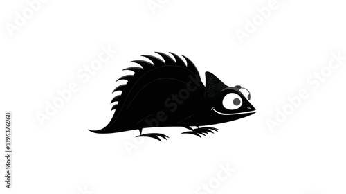 Whimsical black cartoon reptile character illustration with large expressive eyes and spiky back, isolated on white background