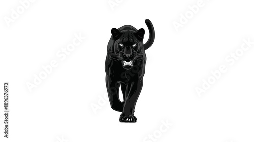 Majestic Black Panther Stalking Forward with Piercing Glowing Eyes on White Background, Powerful Wild Feline Predator