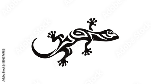 Stylized black tribal pattern lizard illustration. Abstract gecko reptile tattoo design or decorative element on white background.