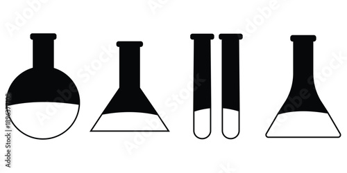 Complete Laboratory Glassware Icon Set – Beakers, Test Tubes, Flasks & Graduated Cylinders with Bubbling Chemical Liquids, Minimal Outline Vector for Science & Research