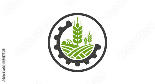 Agricultural gear logo with crops and fields.
