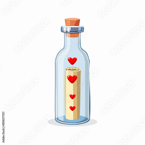 A clear glass bottle with a cork stopper containing a rolled message adorned with red hearts, on a white background.