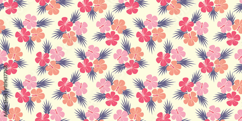 pink hibiscus design pattern, plam leaf on white background. hibiscus motif summer patterns for Hawaiian shirts. botanical motif floral hibiscus. beautiful tropical pattern flowers, seamless print.