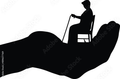Black silhouette of elderly person sitting on a giant hand representing senior care nursing support retirement assistance and geriatric healthcare services