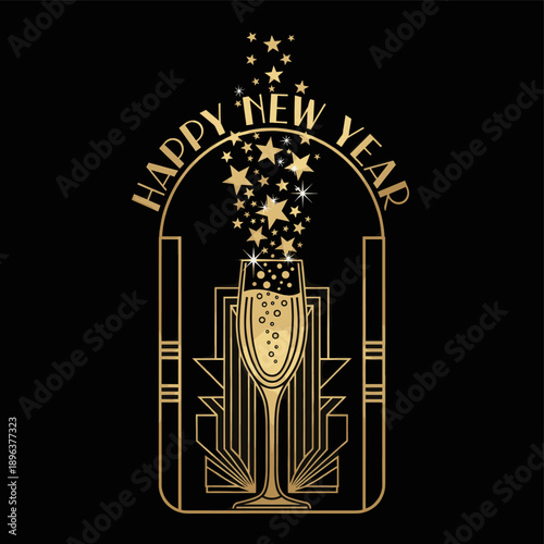 Elegant golden art deco Happy New Year design with champagne glass and sparkling stars on a black background, perfect for celebrations.