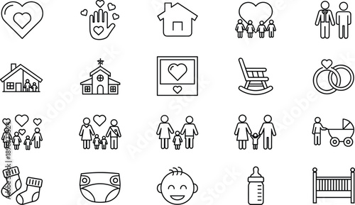 Family and Home Life Line Icons Featuring Parents, Children, Baby Care Items, Wedding Rings, Residential Houses, and Loving Relationship Symbols.