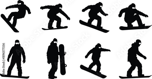 Snowboarder silhouettes performing jumps, tricks, and riding stances isolated on white background for winter sports, freestyle action, and outdoor adventure design concepts