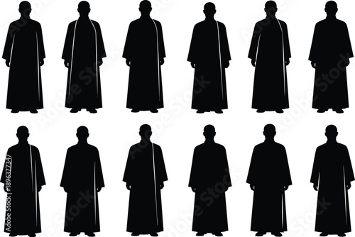 Buddhist Monk Silhouette Standing Robe Spiritual Religion Meditation Vector Illustration Black White