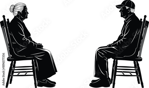 Elderly Couple Sitting Facing Silhouette Senior Man Woman Aging Relationship Vector Illustration Black