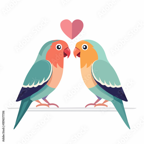 Two colorful lovebirds facing each other with a pink heart floating above them, symbolizing love and companionship.