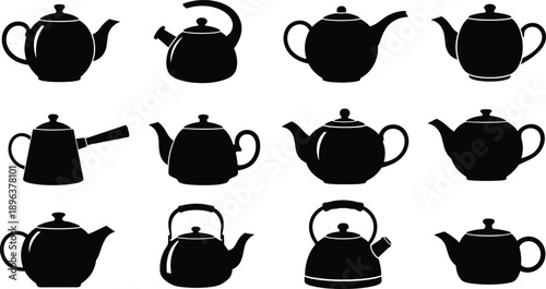 Teapot and kettle silhouettes collection displaying assorted classic kitchenware shapes isolated on white background for tea culture, beverage preparation, hospitality, and design concepts