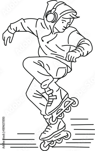  A stylized line art of a rollerblader mid spin above a cityscape, wearing a hoodie and headphones