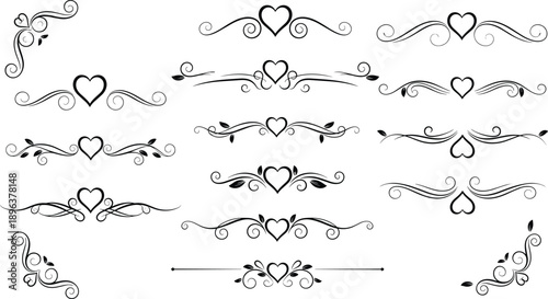 Heart Divider Ornament Set Decorative Flourish Romance Wedding Valentine Vector Illustration Black White