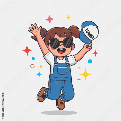 Happy Cartoon Girl Jumping with Drum.
