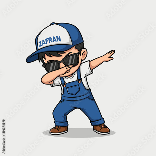 Cartoon boy wearing sunglasses and cap.