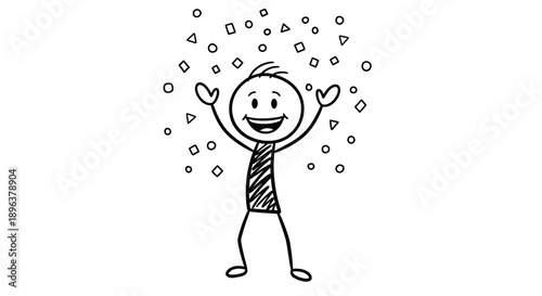Happy Stick Figure Man in Striped Shirt Cheering with Confetti Rain on Isolated White Background