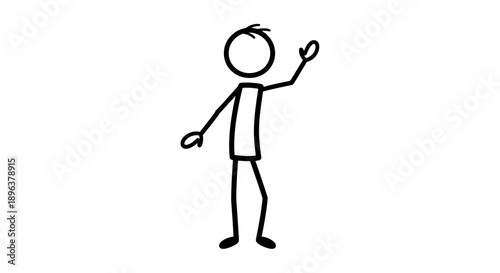 Friendly Stick Figure Man Waving Hand in Greeting Gesture on Isolated White Background