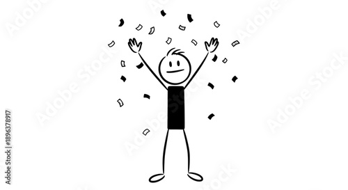 Excited Stick Figure Man in Black Shirt Cheering with Confetti Falling on Isolated White Background