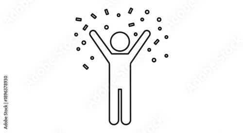 Joyful Stick Figure Man Celebrating with Confetti and Hands Raised on Isolated White Background
