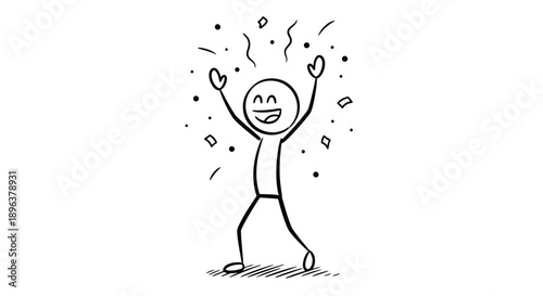Happy Stick Figure Man Cheering with Confetti Throwing Hands Up on Isolated White Background