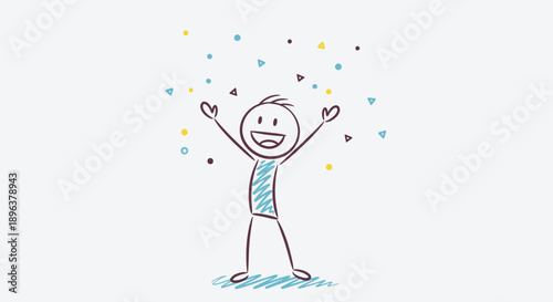 Happy Colored Stick Figure Man with Blue Shirt Celebrating with Raised Arms and Decorative Elements in Light Grey Background
