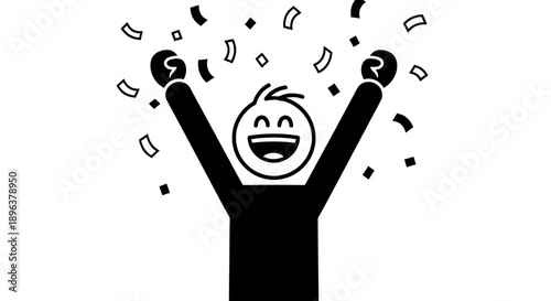 Very Joyful Black Silhouette Stick Figure Man Celebrating with Arms Up and Confetti Falling in Isolated White Background