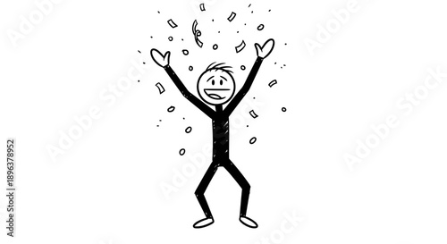 Excited Stick Figure Man with Open Mouth Celebrating under Falling Confetti in Isolated White Background