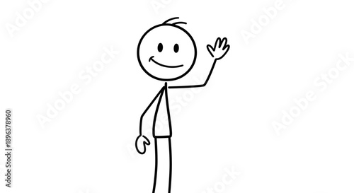 Polite Stick Figure Man Waving Hand with Gentle Smile in Isolated White Background