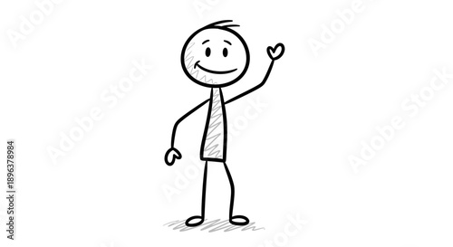 Simple Stick Figure Man Waving Hand with Friendly Smile in Isolated White Background
