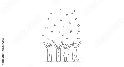 Joyful Group of Stick Figures Celebrating Together with Falling Confetti in Isolated White Background