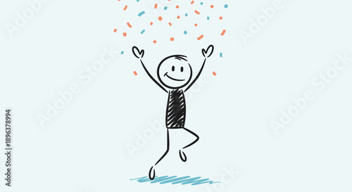 Happy Stick Figure Man Jumping and Celebrating with Confetti in Light Blue Background