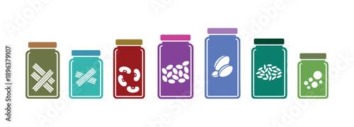 A colorful, straightforward icons of rectangular jars for food set against a white backdrop
