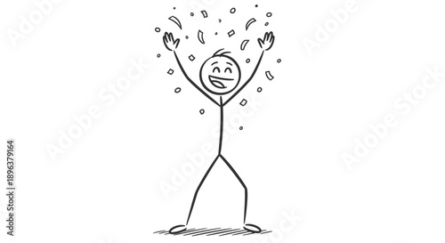 Happy Stick Figure with Open Mouth and Arms Raised Celebrating with Confetti in Isolated White Background
