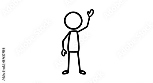 Simple Outlined Stick Figure Waving Hand in Isolated White Background