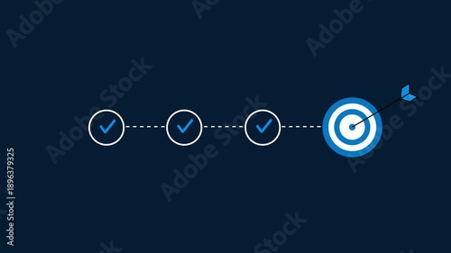 Animated Checklist Progress Steps with Blue Check Marks Showing Completed Tasks and Target Arrow Hit, Business Goal Achievement Strategy Planning Workflow Success Concept, 4K Motion Graphic Background