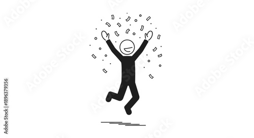 Excited Black Stick Figure Character Jumping High with Arms Raised Amidst Falling Confetti in Joyful Celebration on Isolated White Background.