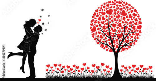 Romantic Couple Silhouette Love Tree Hearts Valentine Nature Romance Illustration Vector Red Black