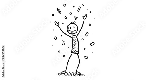 Happy Stick Figure Man Jumping in Joy with Confetti Falling Around on Isolated White Background