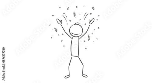 Joyful Stick Figure Man Jumping and Celebrating with Confetti Falling on Isolated White Background